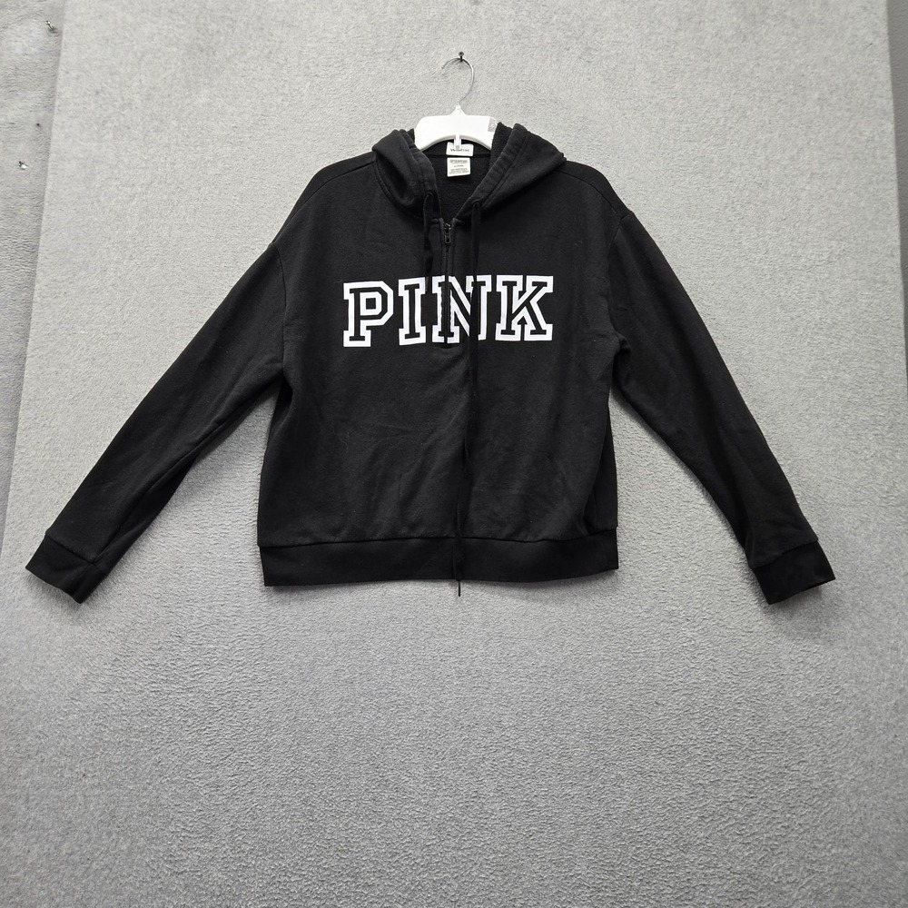 PINK Victoria's Secret Women Hoodie M Black Fleece Logo Spellout 1/ Zip Pullover
